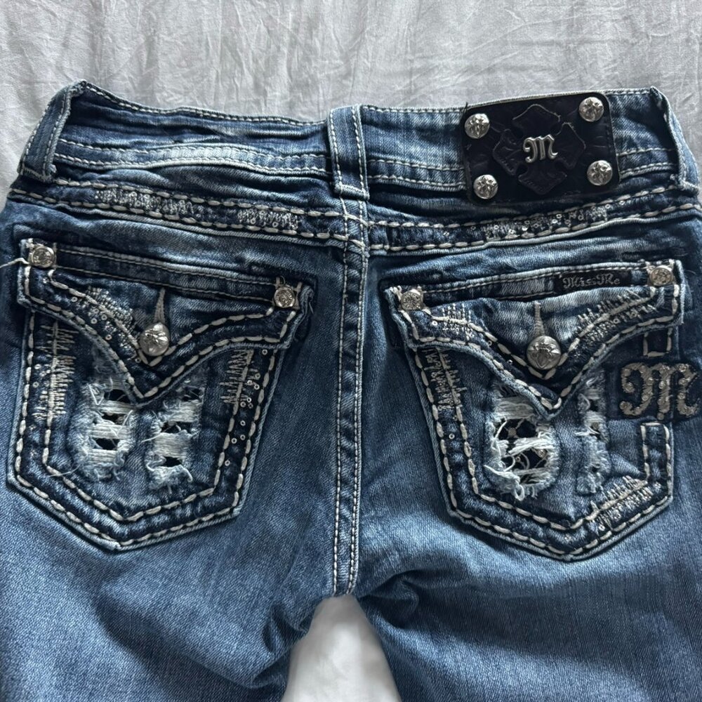 Miss Me Straight Jeans Womens 27 Medium Wash Distressed Embellished Pocket Denim